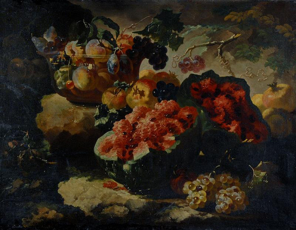 Giovanni Paolo Castelli zv. Spadino – Zátiší s melounem, hrozny, skleněnou mísou a ovocem