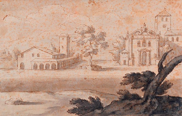 neznámý malíř italský – Krajina s klášterem a kostelem