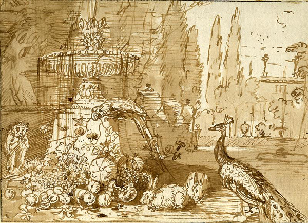 David de Coninck zv. Rammelaer – Zátiší s fontánou a pávem v zahradě