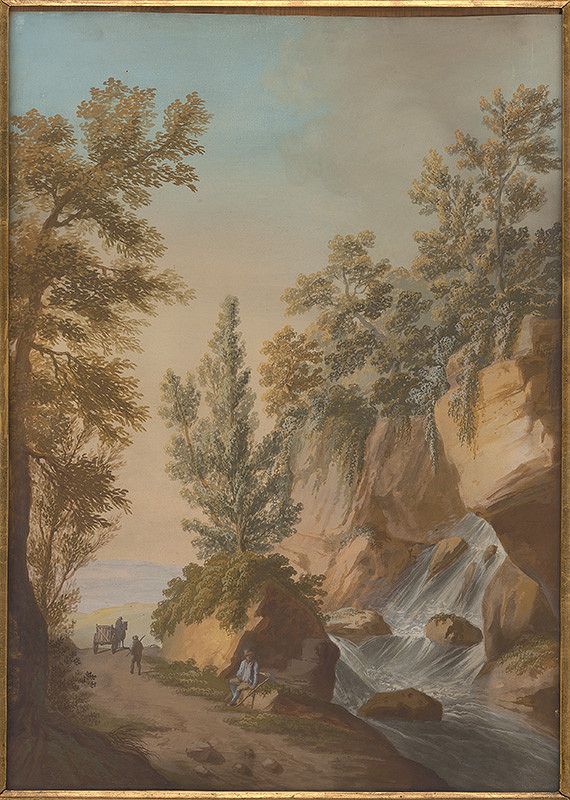 Stredoeurópsky maliar z 1. štvrtiny 19. storočia – Krajina s vodopádom a povozom