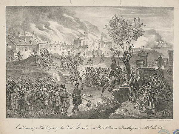 Franz Werner – Útok a dobitie nového cintorína / Erstürmung u. Beschiessung des Neuen-Grundes vom Hundsthurmer-Friedhofe aus am 28ten Octbr. 1848.