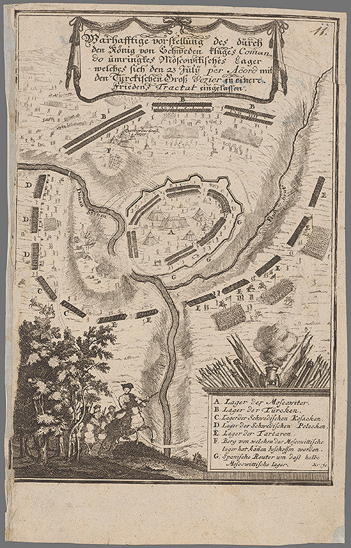 Stredoeurópsky grafik zo 17. storočia – Obkolesenie ruského tábora švédskym kráľom Karolom XII.
