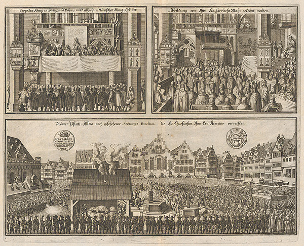 Nemecký grafik zo 17. storočia – Trojvýjav korunovačných slávností Leopolda I. rímsko-nemec. cisára