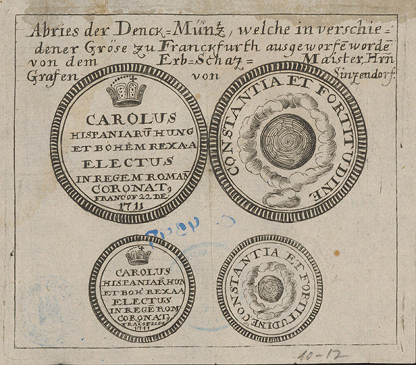 Stredoeurópsky grafik z 18. storočia – Mince cisára Karola na pamät jeho korunovania vo Frankfurte