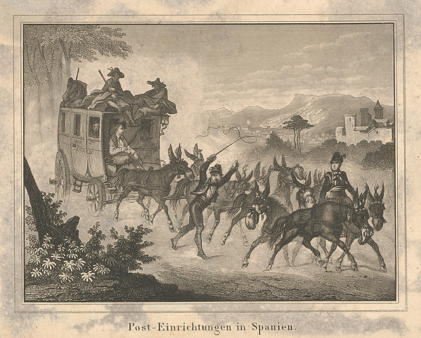 Stredoeurópsky grafik z 19. storočia – Poštový voz v Španielsku