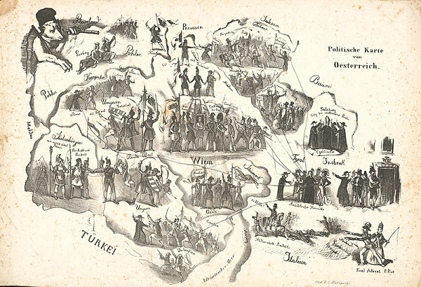 Rakúsky grafik z 19. storočia – Politická mapa Rakúska