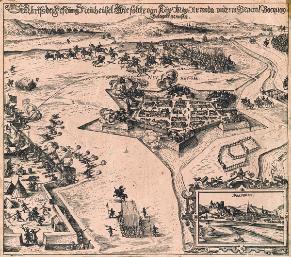 Stredoeurópsky grafik z 1. polovice 17. storočia, Eberhard Kieser – Dobíjanie pevnosti Nové Zámky a pohľad na Bratislavu z juhu