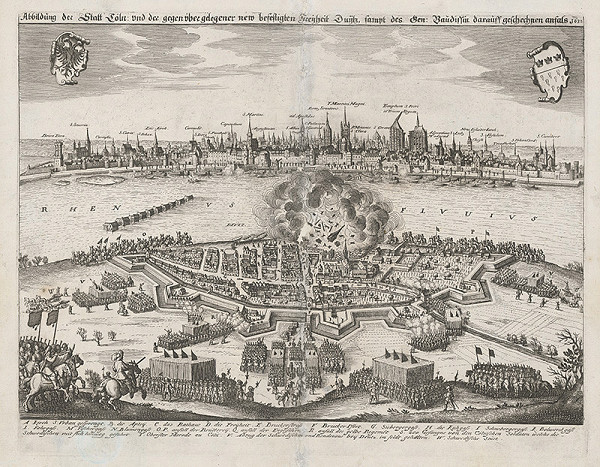 Stredoeurópsky grafik z 2. polovice 17. storočia – Bombardovanie mesta Denka a pohľad na Kolín nad Rýnom