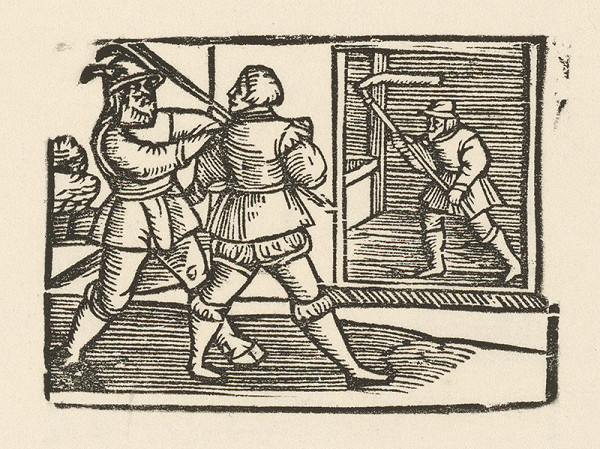 Nemecký grafik z polovice 16. storočia – Enšpígl pomáha pri mlátení obilia