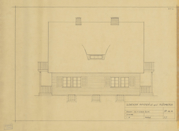 Michal Maximilián Scheer – Slovenské papierne Ružomberok. Rekreačný dom a obytný dom pre majstra. Pohľad. M 1:50.