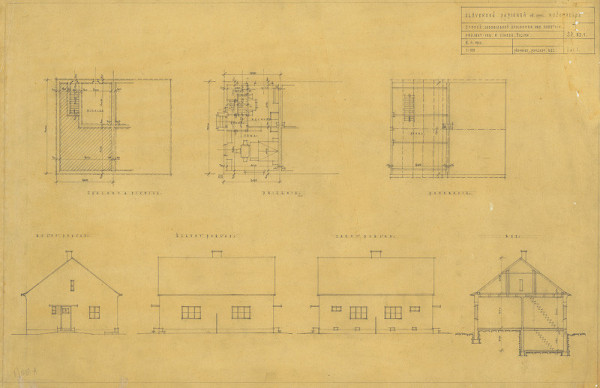 Michal Maximilián Scheer – Slovenské papierne Ružomberok. Jedenizbový typový dom robotníka - dvojdom. Pôdorys pivnice, prízemia, podkrovia, rez, pohľady. M 1:100.