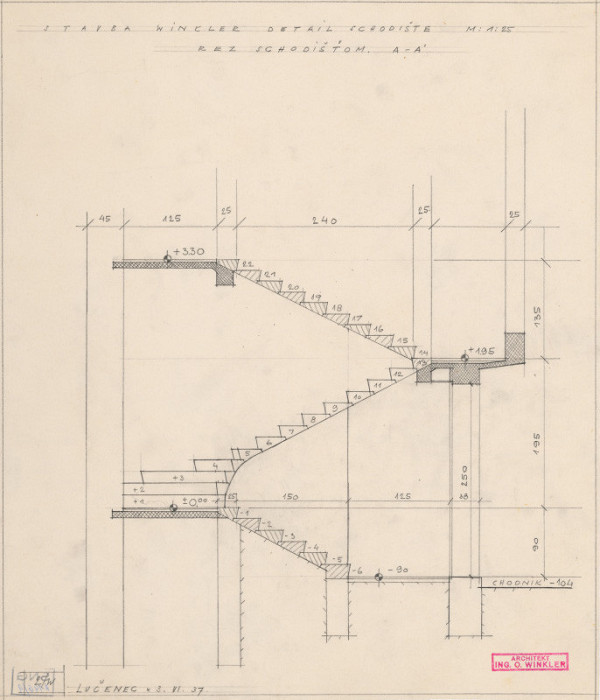Oskár Winkler – Dom Elemíra Winkléra v Lučenci. Detail schodisko, rez A-A´. M 1:25.