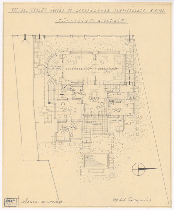 Oskár Winkler – Rodinný dom Dr. Schaleta v Rimavskej Sobote. Pôdorys prízemia. M 1:100.