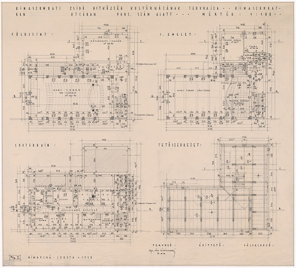 Oskár Winkler – Kultúrny dom židovskej náboženskej obce v Rimavskej Sobote. Pôdorys suterénu, prízemia, 1. poschodia a podkrovia. M 1:100.