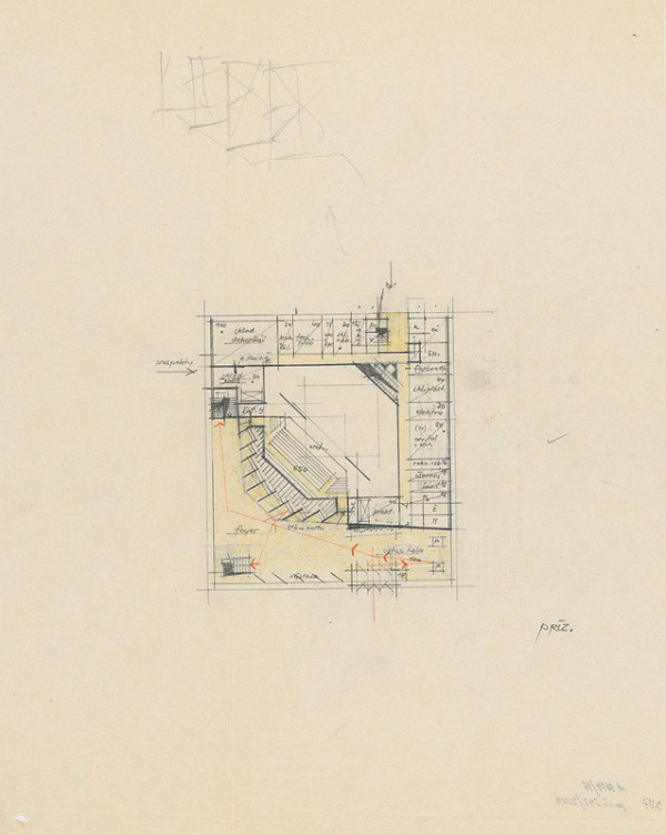 Vladimír Dedeček – Súťažný návrh na novostavbu Divadla Jonáša Záborského v Prešove. Skica. Pôdorys prízemia. M nezn.
