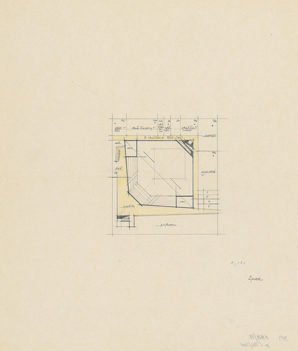 Vladimír Dedeček – Súťažný návrh na novostavbu Divadla Jonáša Záborského v Prešove. Skica. Pôdorys 2. poschodia. M nezn.