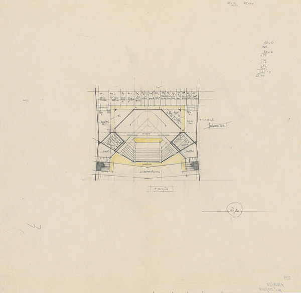 Vladimír Dedeček – Súťažný návrh na novostavbu Divadla Jonáša Záborského v Prešove. Skica. Pôdorys 2. poschodia (alternatíva). M nezn.