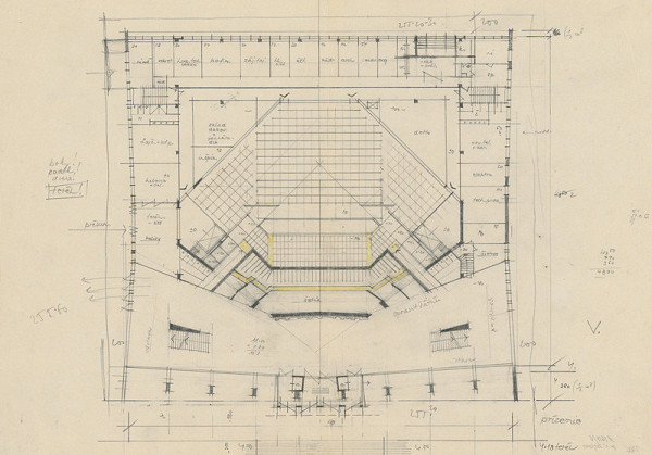Vladimír Dedeček – Súťažný návrh na novostavbu Divadla Jonáša Záborského v Prešove. Skica. Pôdorys prízemia. M nezn.
