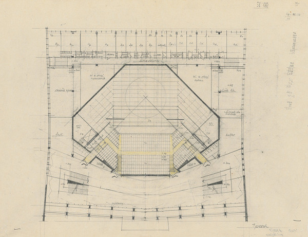 Vladimír Dedeček – Súťažný návrh na novostavbu Divadla Jonáša Záborského v Prešove. Skica. Pôdorys 1. poschodia. M nezn.