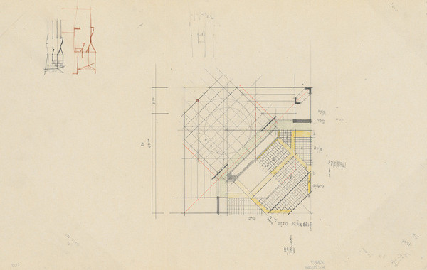 Vladimír Dedeček – Súťažný návrh na novostavbu Divadla Jonáša Záborského v Prešove. Skica. Pôdorys 1. poschodia. M nezn.
