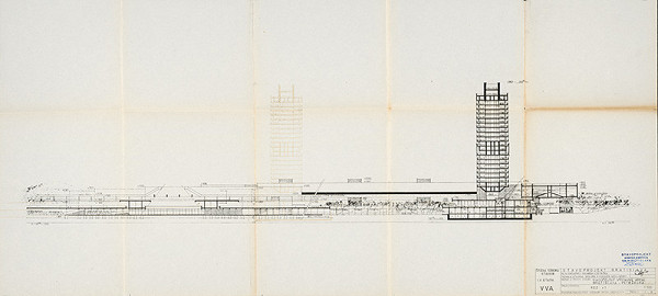 Vladimír Dedeček – Viacúčelový výstavný areál v Bratislave – Petržalke. 1., 2. etapa – Štúdia súboru stavieb. Rez r1. M 1:500.