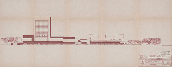 Vladimír Dedeček – Viacúčelové výstavné zariadenie v Bratislave – Petržalke. Pavilón Zahraničných vystavovateľov v sektore B – 2. etapa VVZ. Architektonická štúdia. Pohľad P2. M 1:500.