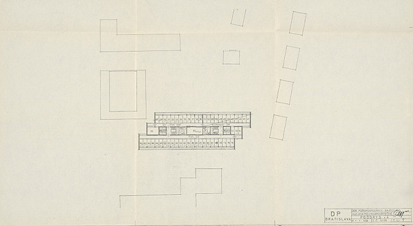 Vladimír Dedeček – Dom poľnohospodárov v Bratislave. Projektová úloha. Pôdorys +4. M 1:500.