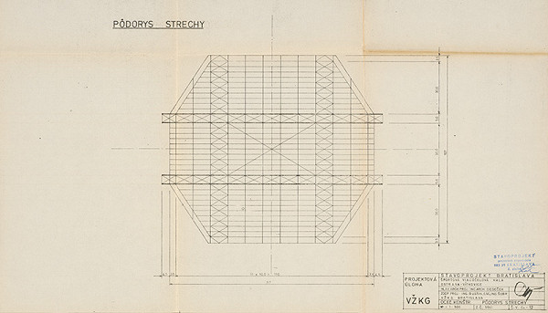 Vladimír Dedeček – Športová viacúčelová hala v Ostrave – Vítkoviciach. Projektová úloha. Oceľové konštrukcie – pôdorys strechy. M 1:500.