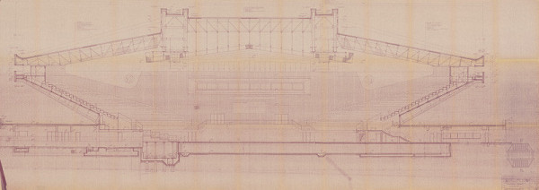 Vladimír Dedeček – Viacúčelová športová hala v Ostrave – Vítkoviciach (značené ako Náhradná výstavba za asanované objekty na ulici Místeckej v Ostrave). Priečny rez halou a-a´. M 1:50.