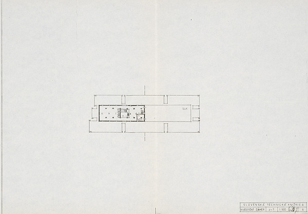 Vladimír Dedeček – Slovenská technická knižnica (centrum VTI SSR) na Námestí Slobody v Bratislave. Investičný zámer. Pôdorys 7. poschodia. M 1:500.