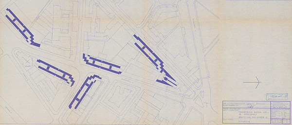 Vladimír Dedeček – Pravádzková budova OSP + GR Strojsmalt na Radlinského ulici v Bratislave. Štúdia súboru stavieb. Situácia. M 1:1000.