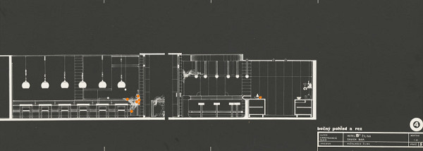 Gabriela Cimmermannová, Severín Ďuriš, Otto Sedlák, Stanislav Toman – Hotel Slovakia v Žiline. Bočný pohľad a rez Snack barom. M 1:25