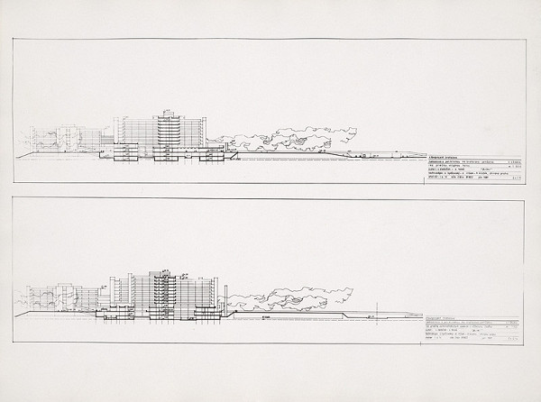 Vladimír Dedeček, Stanislav Talaš – Súťažný návrh na nemocnicu s poliklinikou v Bratislave – Petržalke. Priečny rez administratívnym úsekom, lôžkovou časťou a vstupnou halou. M 1:500 (pôv.)