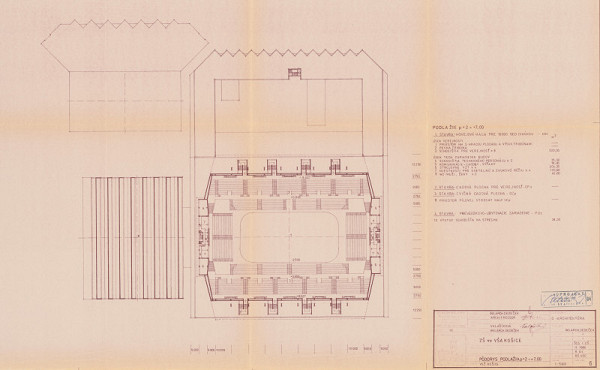 Vladimír Dedeček – Viacúčelová športová hala v Košiciach. Stupeň: ŠSS +OŠ. Pôdorys podlažia p+2 = +7,00. M 1:500.