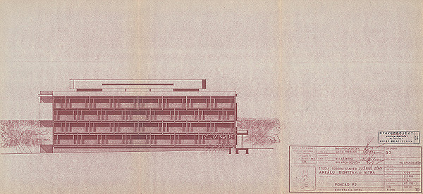 Vladimír Dedeček – Areál Bioveta v Nitre. Štúdia súboru stavieb južnej zóny areálu. Pohľad P2. M 1:200.