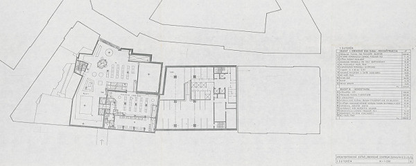 Vladimír Dedeček – Obchodné centrum Dunaj v Bratislave – súťažný návrh. Pôdorys 1. suterénu. M 1:200.