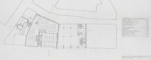 Vladimír Dedeček – Obchodné centrum Dunaj v Bratislave – súťažný návrh. Pôdorys 1. poschodia. M 1:200.