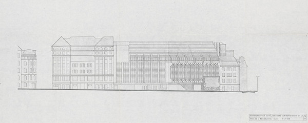 Vladimír Dedeček – Obchodné centrum Dunaj v Bratislave – súťažný návrh. Pohľad z Nedbalovej ulice. M 1:200.