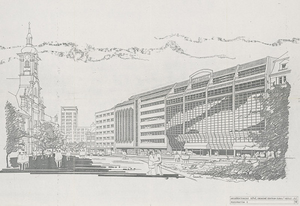 Vladimír Dedeček – Obchodné centrum Dunaj v Bratislave – súťažný návrh. Perspektívny pohľad 2. M 1:200.