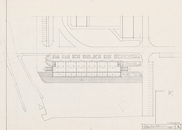 Vladimír Dedeček – Hromadné garáže v Bratislave – Petržalke – Dvory I. Štúdia. Pôdorys podlažia +1. M 1:500.