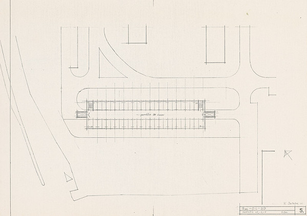 Vladimír Dedeček – Hromadné garáže v Bratislave – Petržalke – Dvory I. Štúdia. Pôdorys podlažia +2, +3, +4. M 1:500.