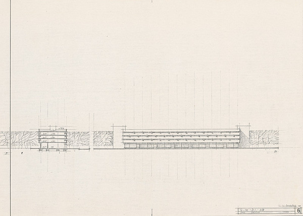 Vladimír Dedeček – Hromadné garáže v Bratislave – Petržalke – Dvory I. Štúdia. Rez a pohľad. M 1:500.