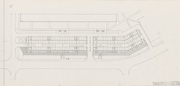Vladimír Dedeček – Hromadné garáže v Bratislave – Petržalke – Dvory II. Štúdia. Pôdorys podlažia +1. M 1:500.