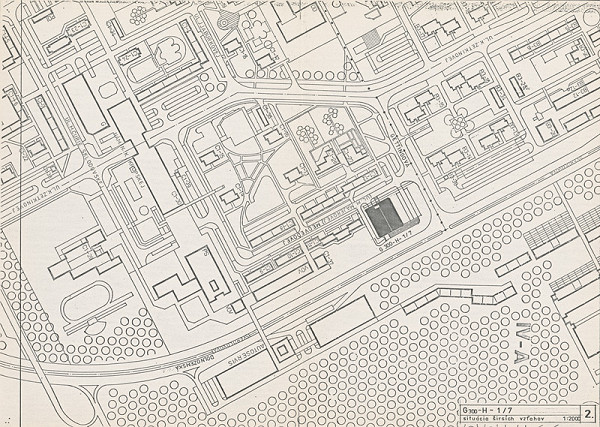 Vladimír Dedeček – Hromadné garáže pre 300 osobných automobilov so servisom a pobočkou Všeobecnej úverovej banky v Bratislave – Petržalke (Háje). Štúdia. Situácia širších vzťahov. M 1:2000.