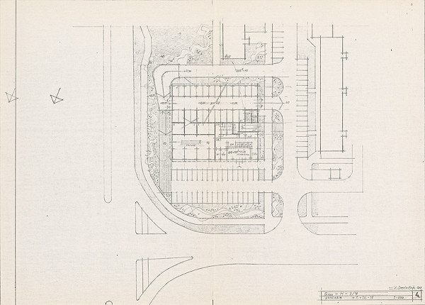 Vladimír Dedeček – Hromadné garáže pre 300 osobných automobilov so servisom a pobočkou Všeobecnej úverovej banky v Bratislave – Petržalke (Háje). Štúdia. Pôdorys podlažia +1, +1,5, -1,5. M 1:500.