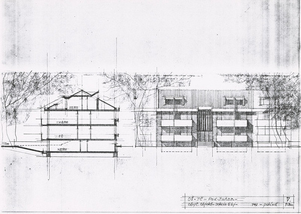 Vladimír Dedeček – Obytná štvrť Trenčín – pod Juhom. Súťažný návrh. Obytný objekt – sekcia 6 b.j. Rez a pohľad. M 1:200.