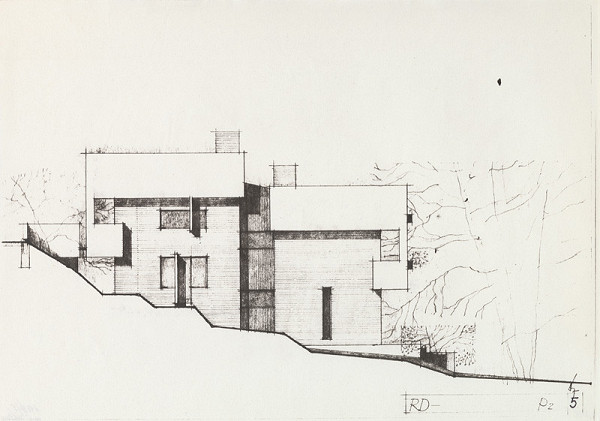 Vladimír Dedeček – Návrh rodinného domu. Pohľad P2. M nezn.