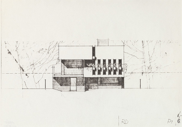 Vladimír Dedeček – Návrh rodinného domu. Pohľad P1. M nezn.