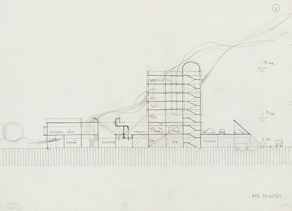Ivan Matušík – Návrh na hotel B v Nitre. Skice. Pozdĺžny rez. M nezn.