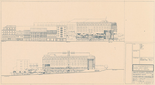 Ivan Matušík – Hotel na Mierovom námestí v Bratislave. Projektová úloha. Pohľad z Poštovej a Obchodnej ulice. M 1:200.
